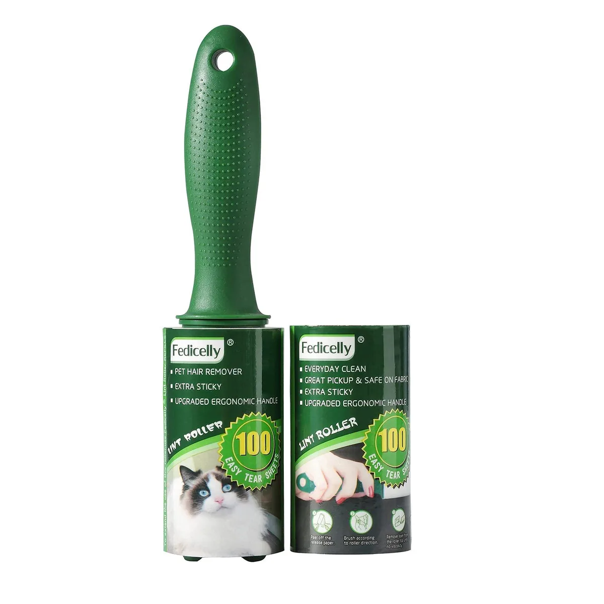 White plastic lint roller handle with two refill rolls, 200 sheets total