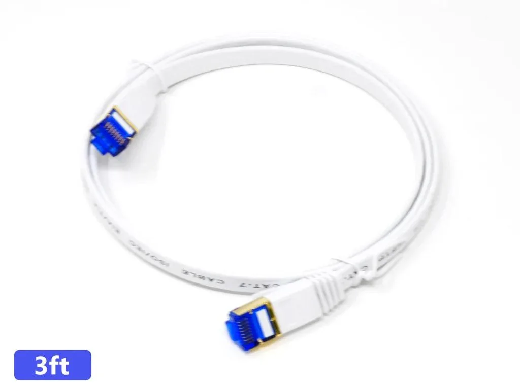 White flat Cat 7 Ethernet patch cable with RJ45 connectors, three feet long
