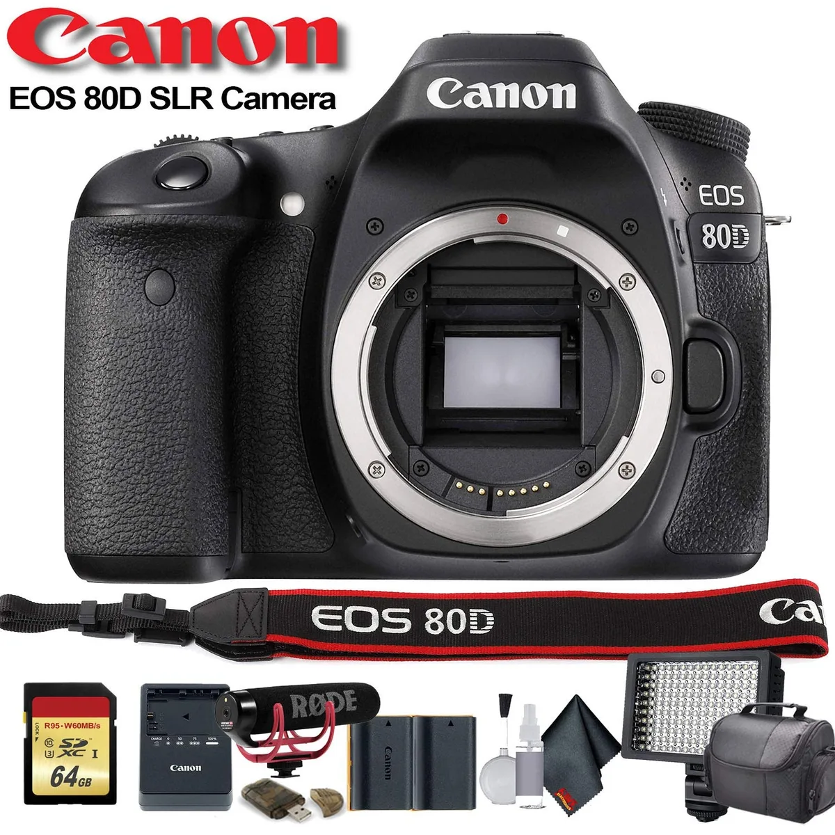 Black DSLR camera with vari-angle touchscreen and bundled accessories