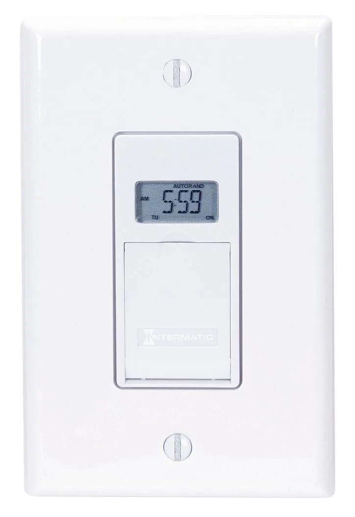 White rectangular wall-switch timer with digital display and push buttons