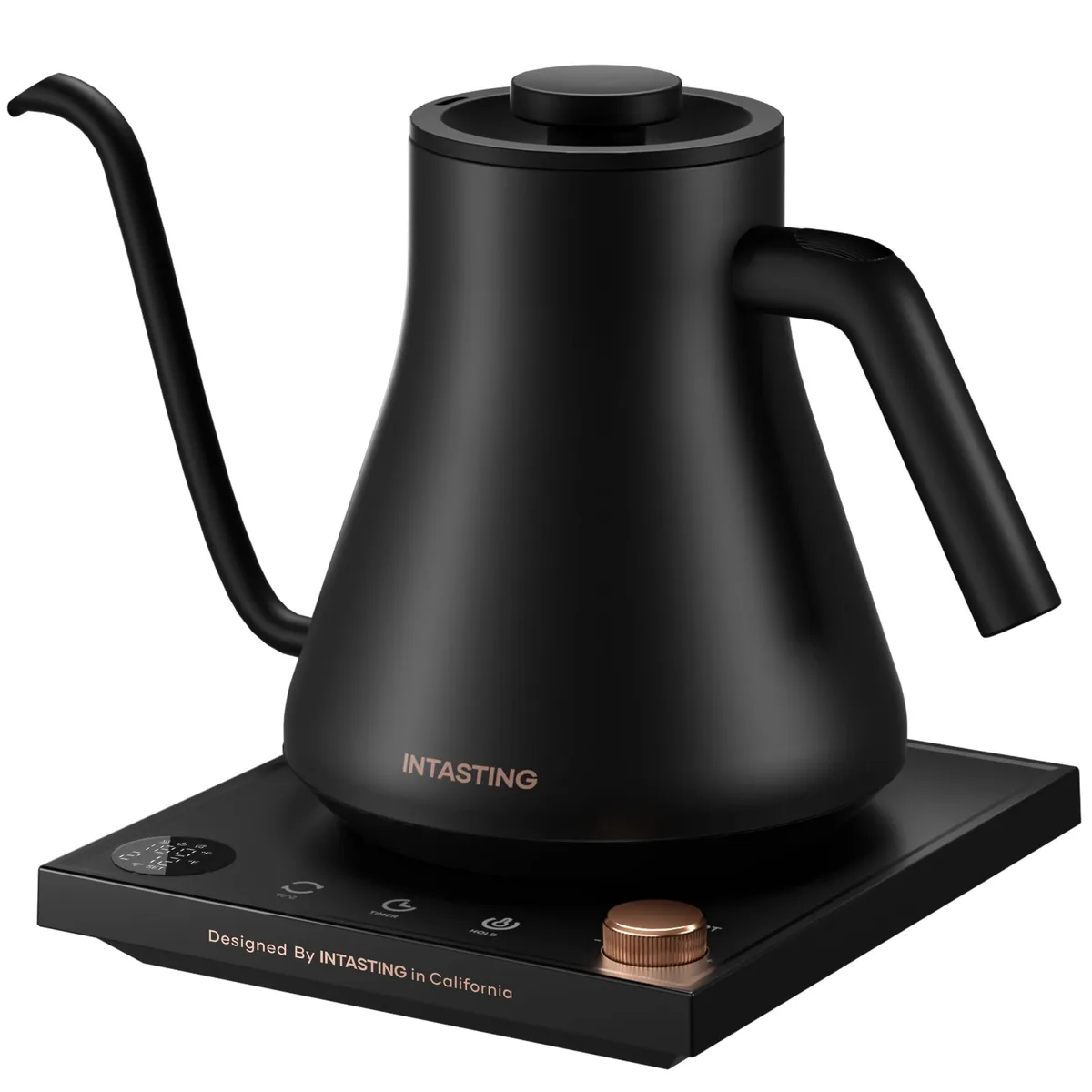 Black gooseneck electric kettle on a rotatable base, 0.9L capacity, polished stainless steel interior, ergonomic handle