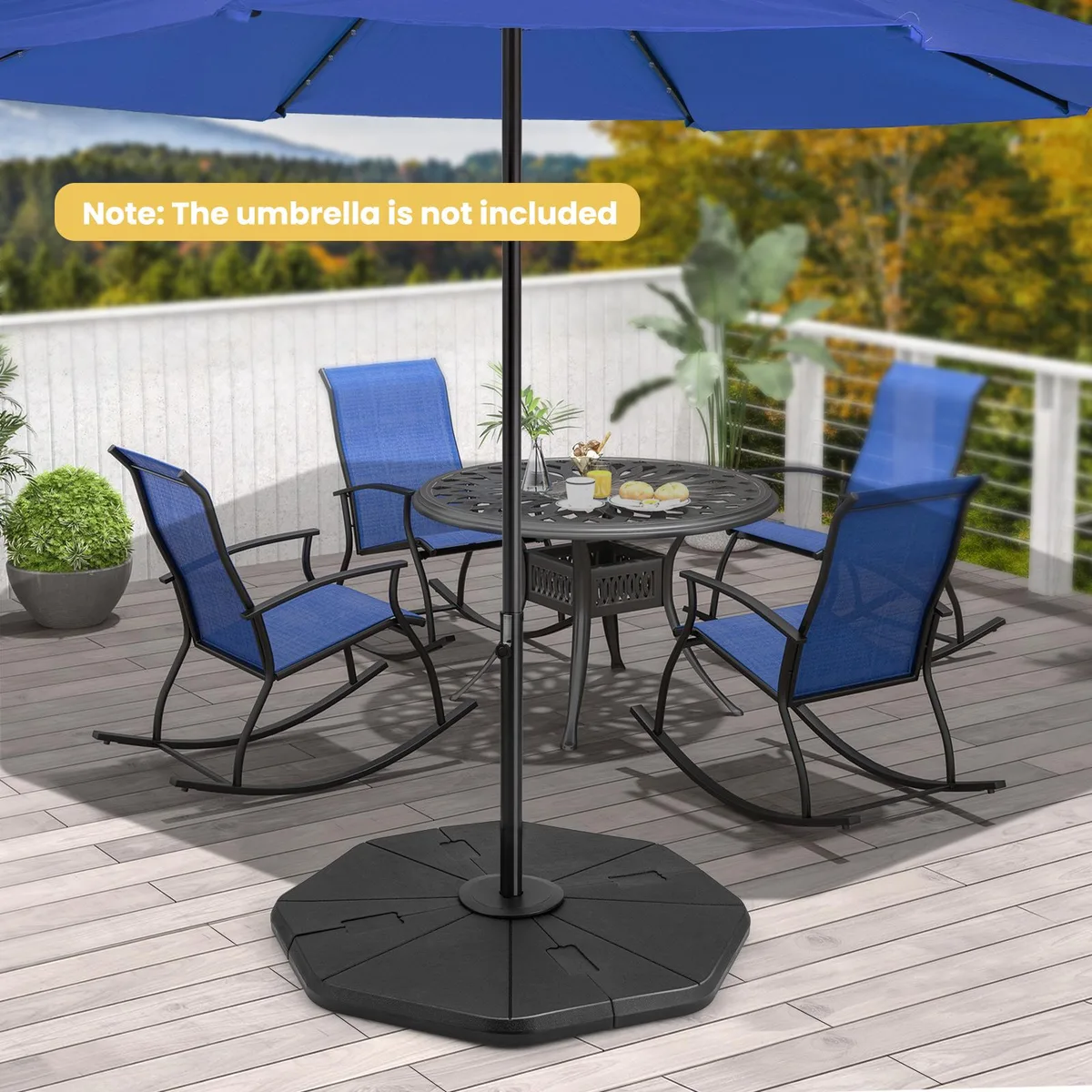 Four-piece black umbrella base with interlocking plates and grooved handles