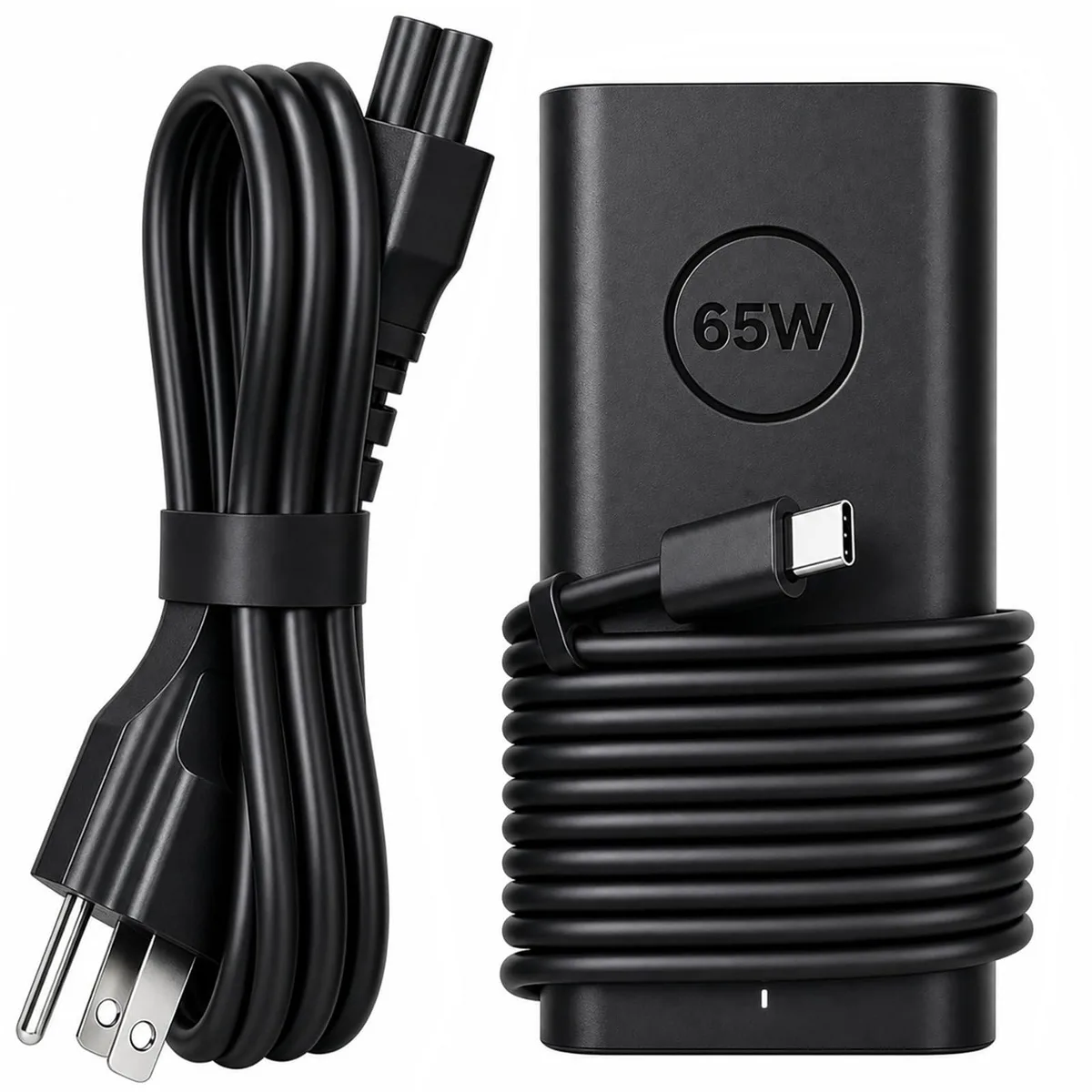 Black rectangular 65W USB-C power adapter with LED indicator and detachable cable