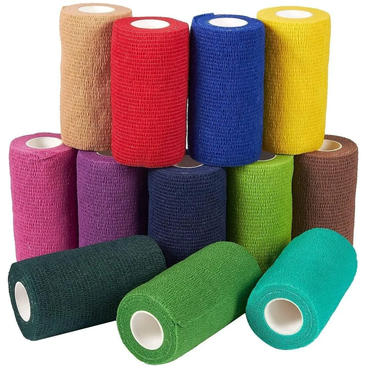 Twelve rolls of multi-coloured cohesive bandage wrap, each four inches wide by five yards long