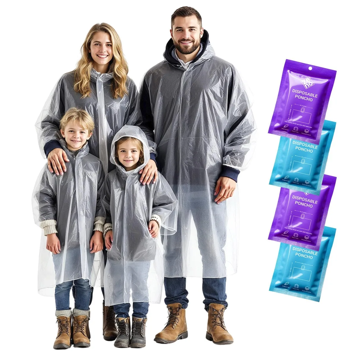 ZENO Disposable Rain Poncho Family Pack Clear 4 Pack Adult 80/50 Kids 60/40 — product photo