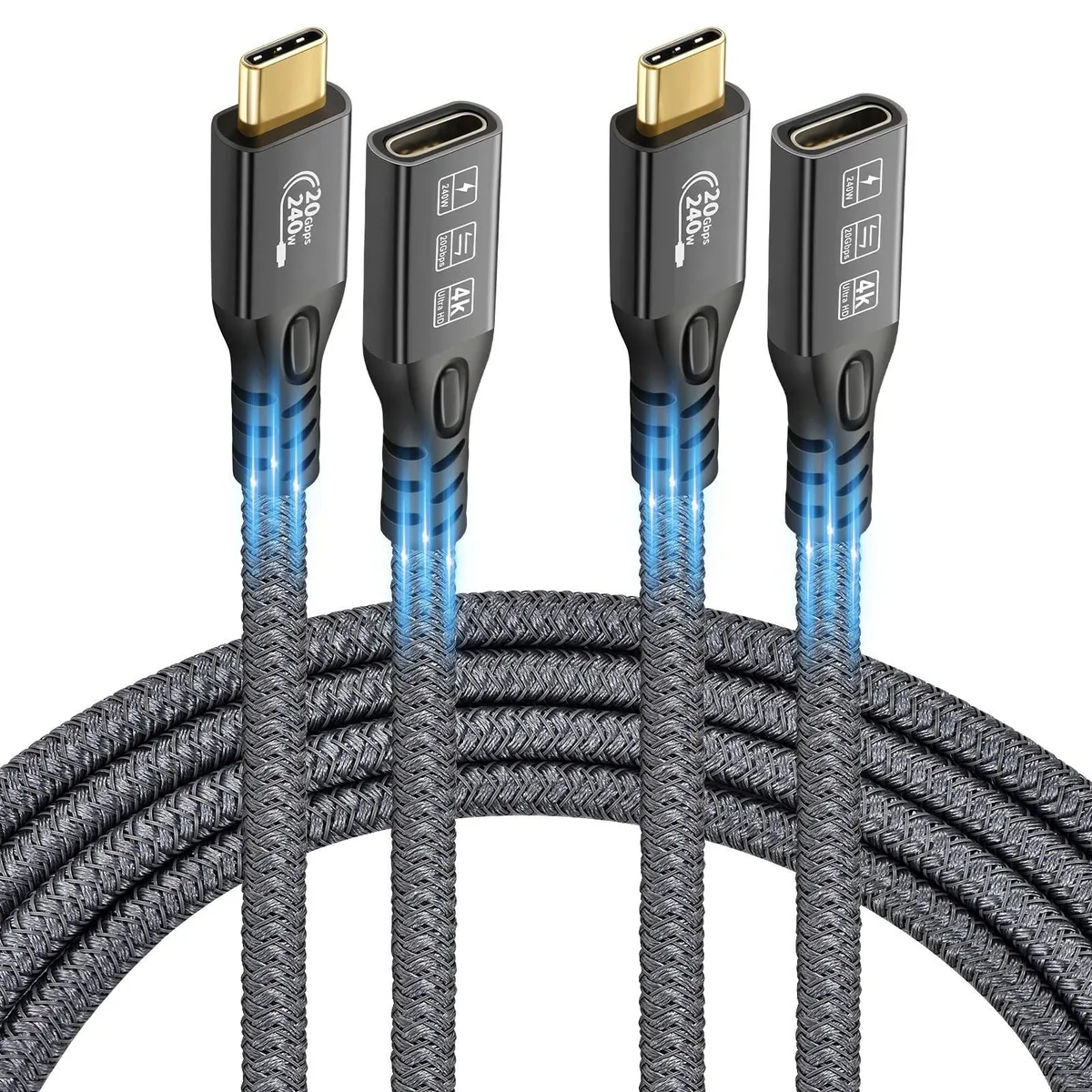 Two braided USB-C male-to-female extension cables with gold connectors, .5 m each