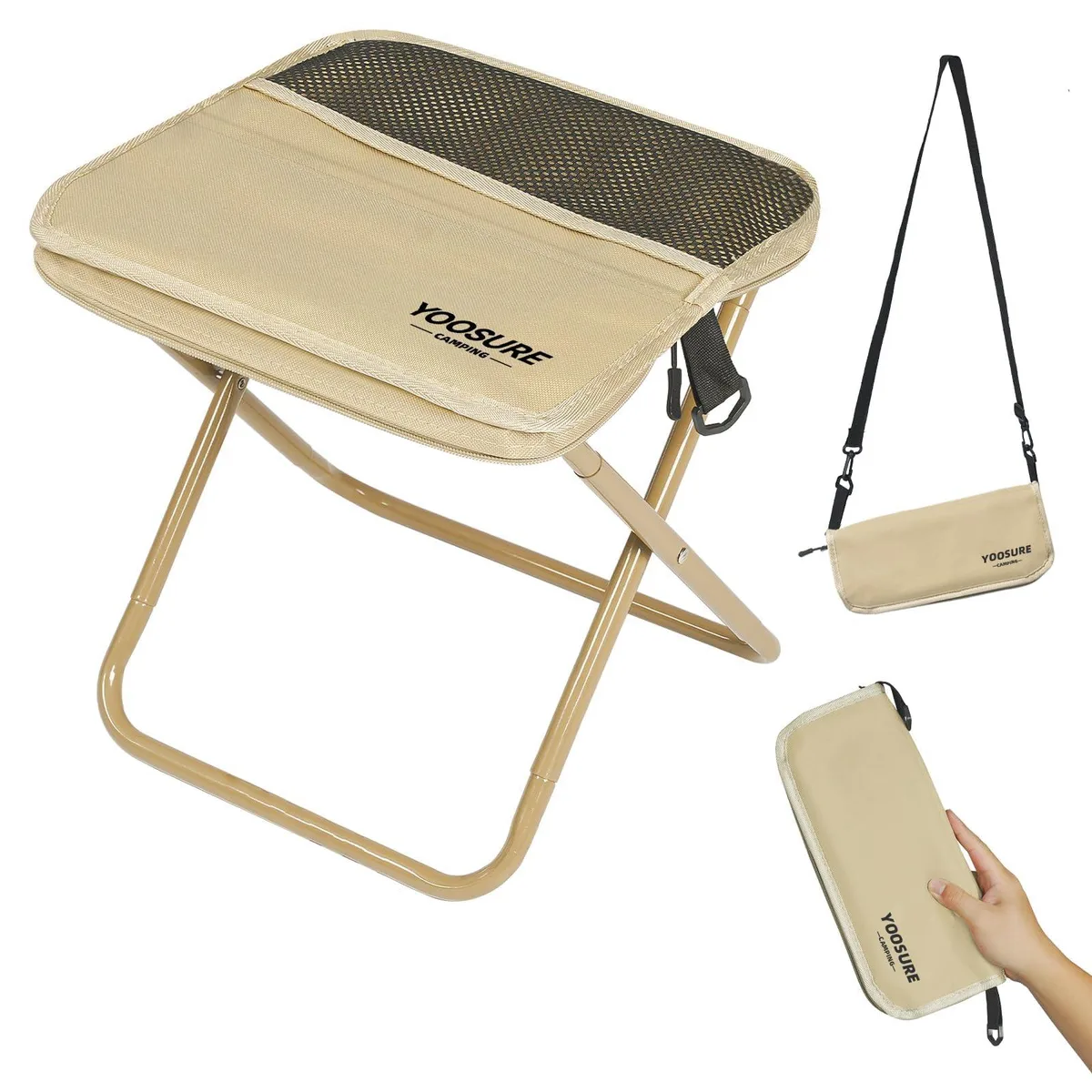 Compact collapsible stool, 11.5 inches tall, with two side pockets and carry bag