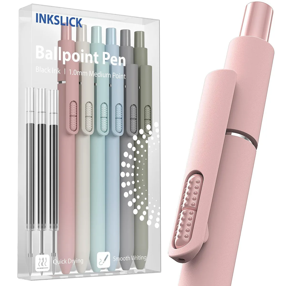 Six retractable ballpoint pens in Morandi colours with three black refills
