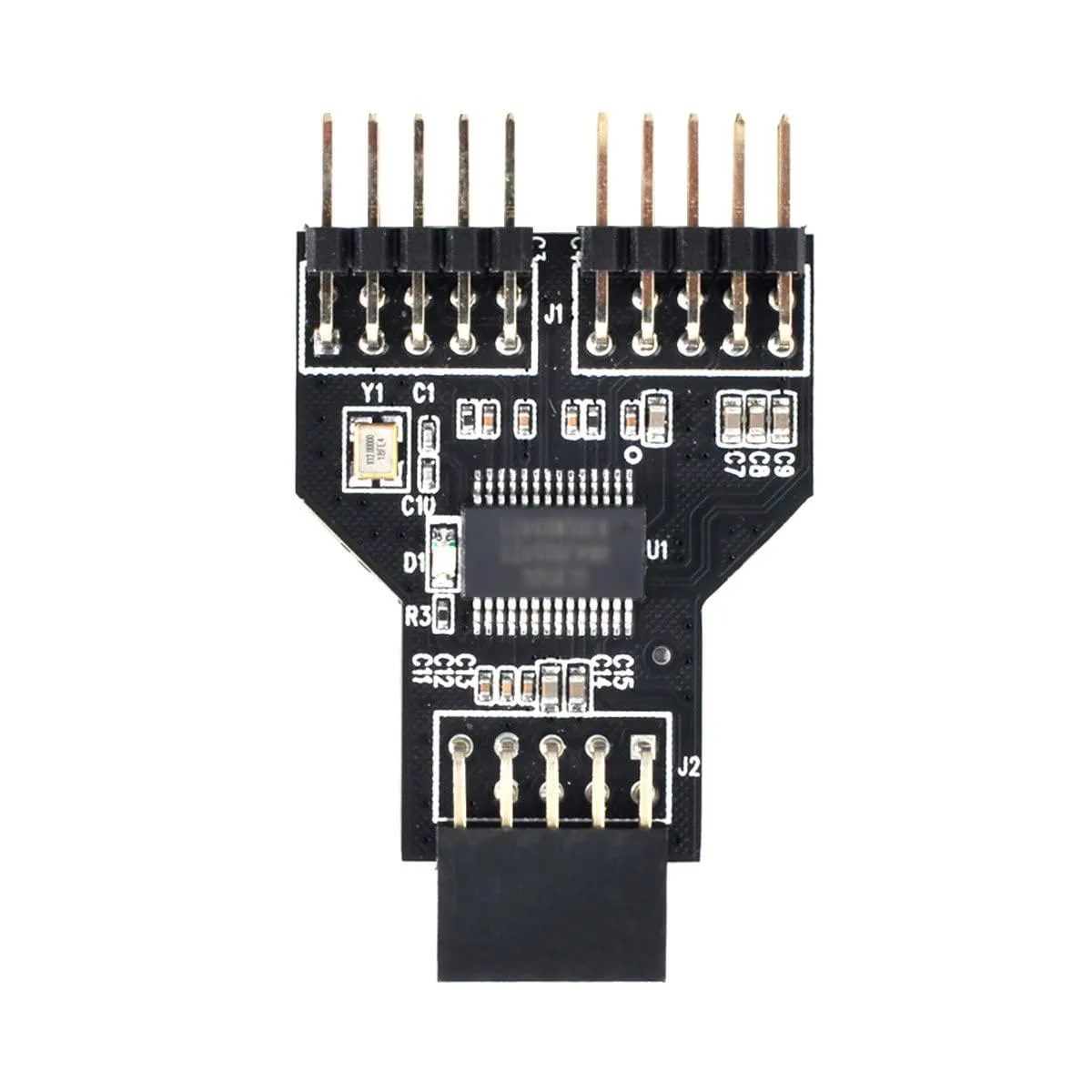 Black USB 2.0 motherboard splitter cable with 9-pin male to dual 9-pin female connectors and adhesive backing