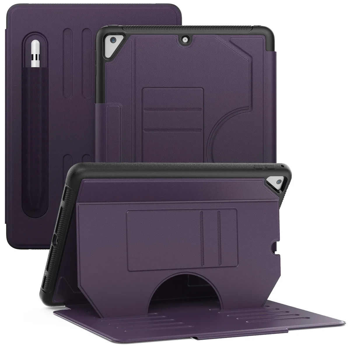 Purple protective case for 9.7 inch iPad with magnetic cover, stand angles and pencil holder