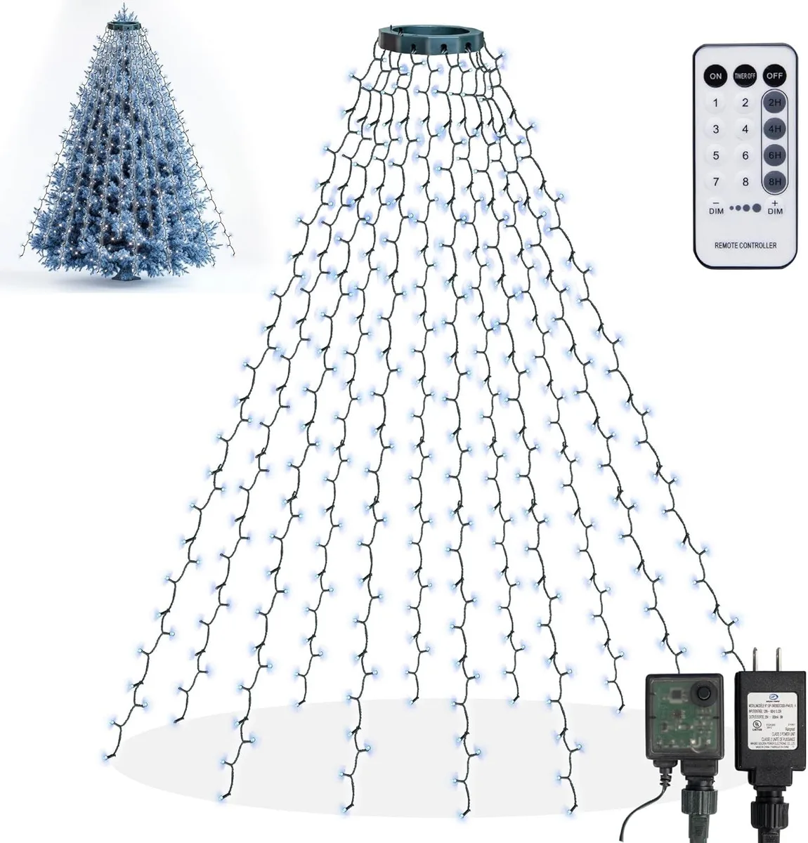 BFKK BFKK 448 LED Waterfall Tree Topper Lights White 16 Strands 8.2ft 8 Modes Remote Timer IP44 — product photo