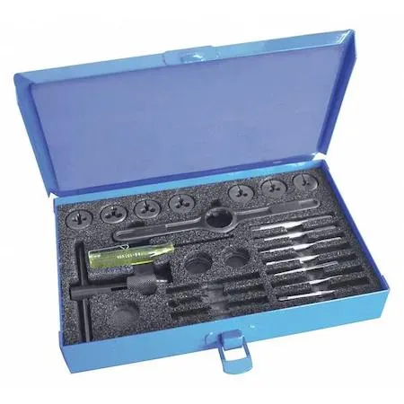 Metal case holding seventeen metric taps and round adjustable dies in high speed steel