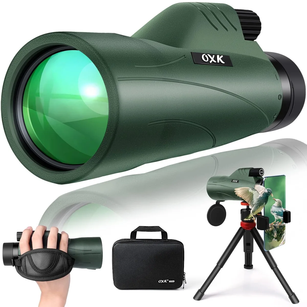 12x56 Monocular Telescope Green - Smartphone Adapter Tripod Travel Bag — product photo