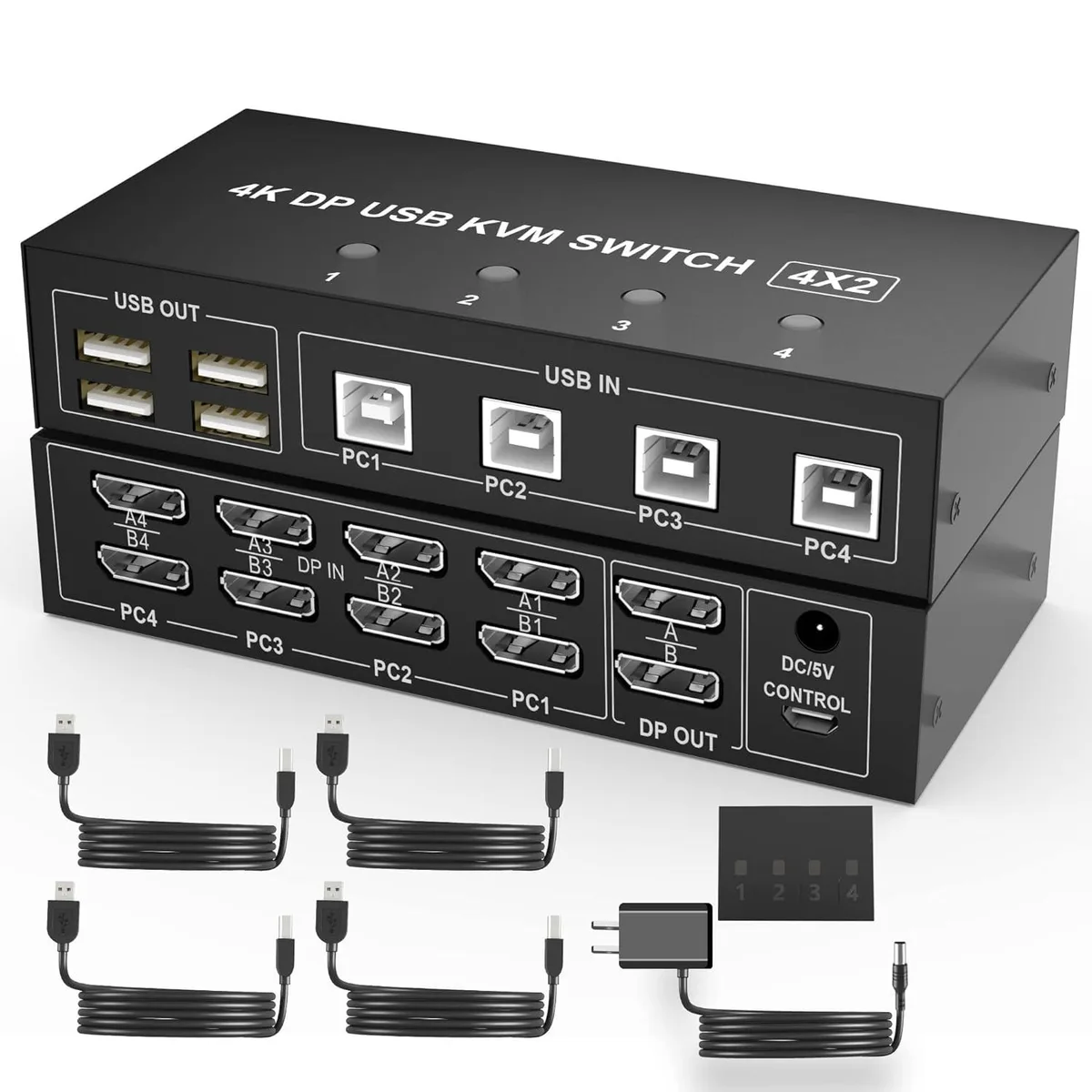 TOPRANK TOPRANK 4-Port Dual Monitor DP KVM Switch 4K 60Hz 4 USB 2.0 Hub — product photo