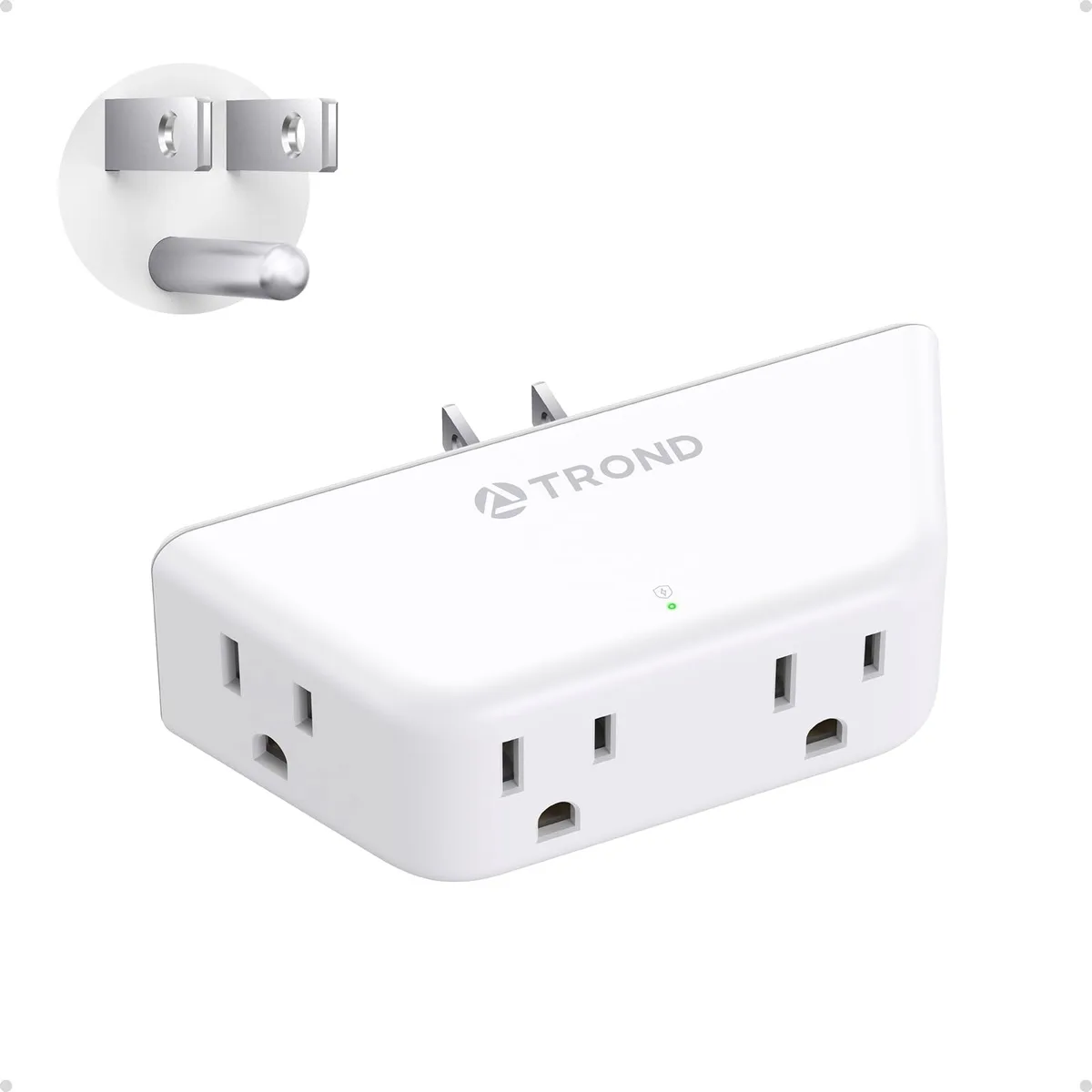 White compact surge-protected outlet extender with four grounded sockets on three angled faces and a 360° rotating plug