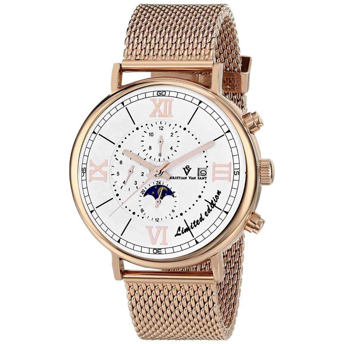 Stainless steel watch with white dial and mesh bracelet