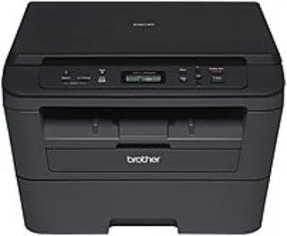 White compact monochrome laser printer with flat top and paper tray