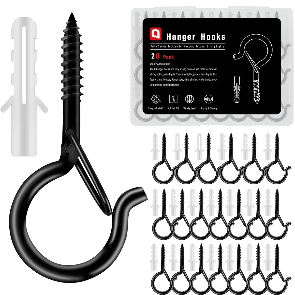 Twenty black coated-steel screw hooks with safety locks in a plastic case