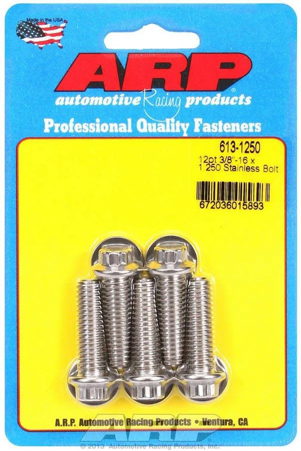 Five polished stainless steel bolts with twelve-point heads arranged in a set