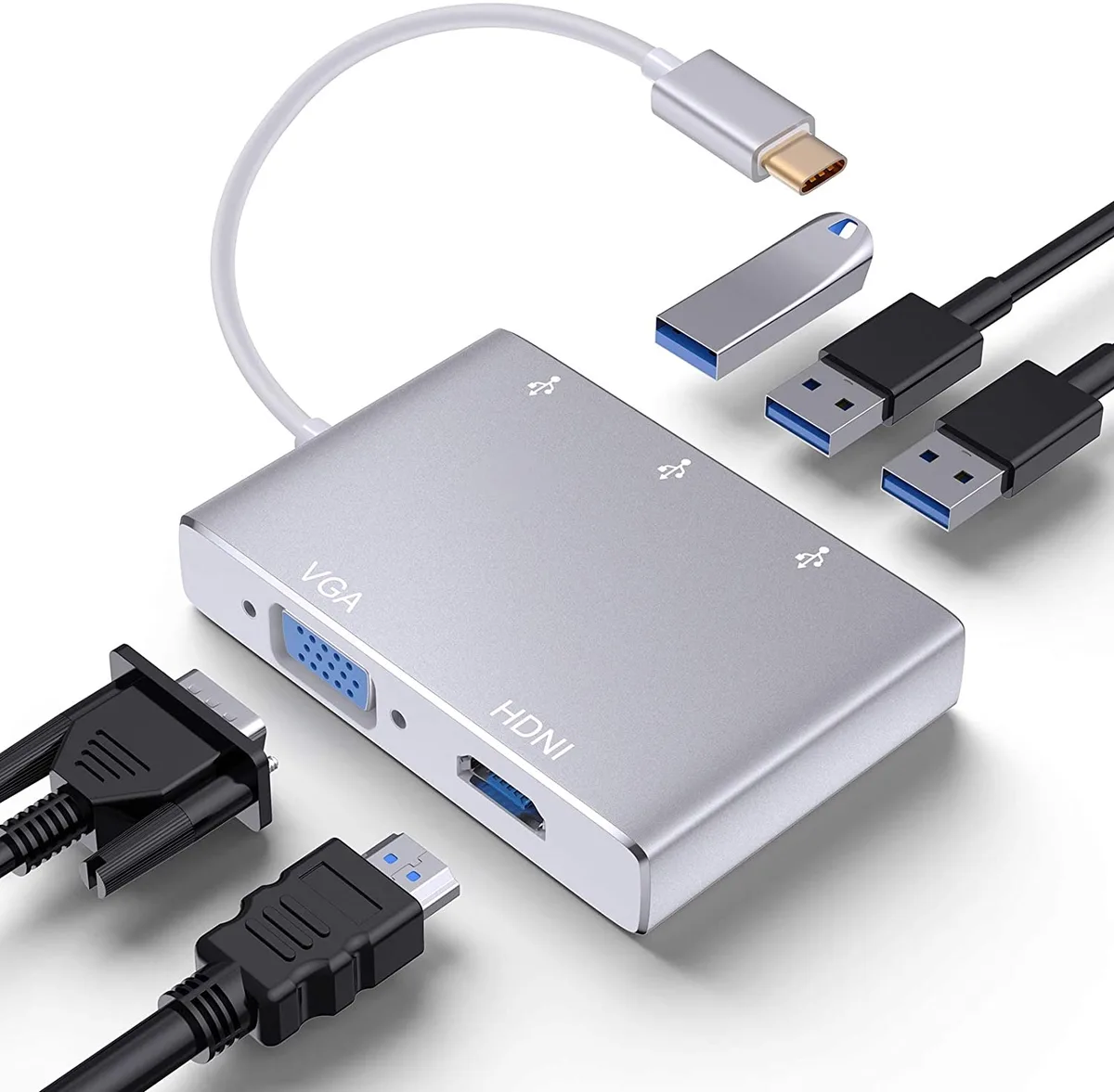Compact silver USB-C hub with HDMI, VGA and three USB ports