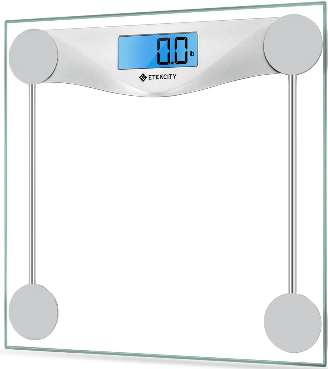 Rectangular black tempered-glass platform with blue backlit LCD display