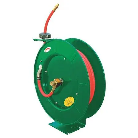 Red rubber hose on open steel spring-return reel, 50 ft, 1/2 in diameter