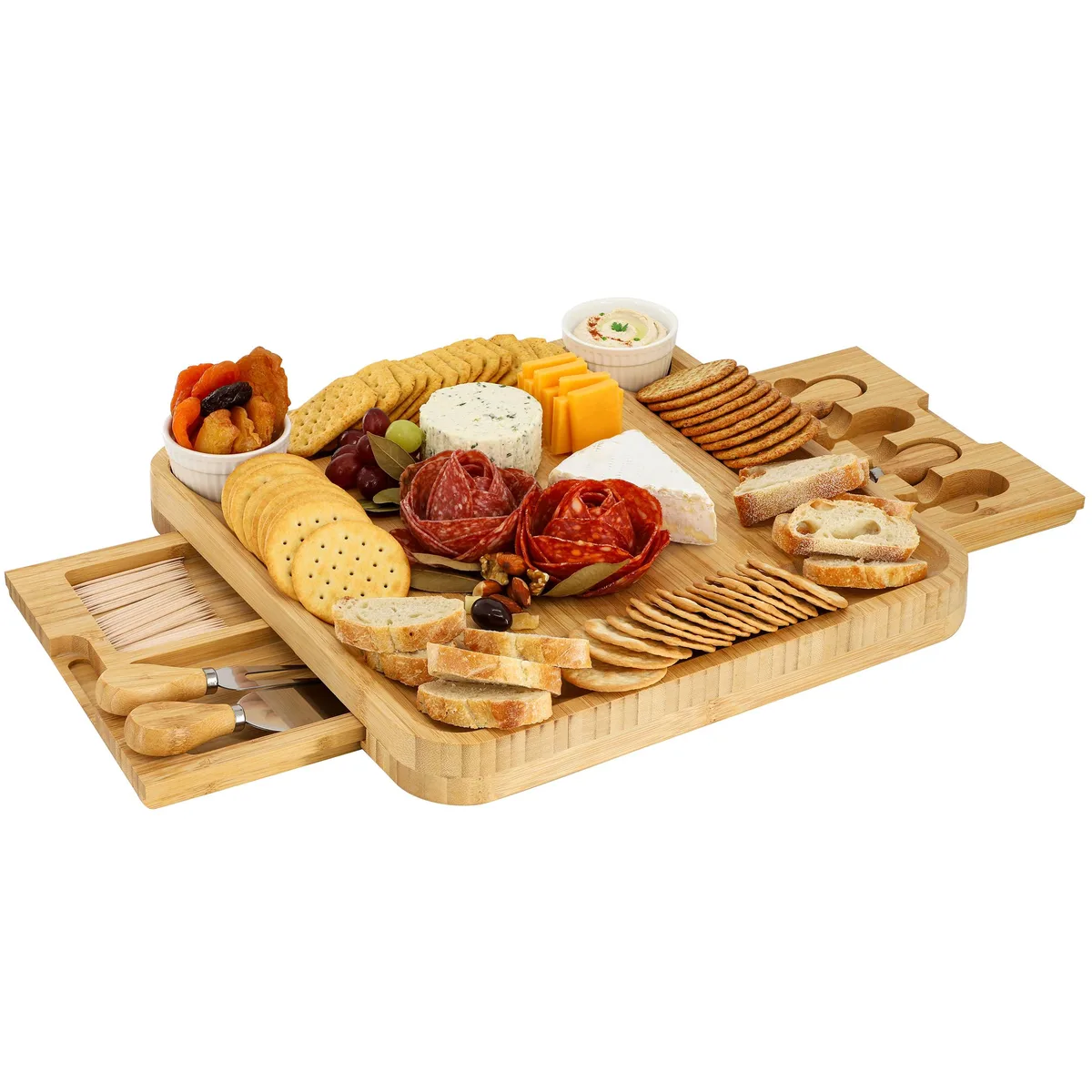 MegaChef MegaChef Bamboo Charcuterie Board Set with 2.7in Ramekins and Slide-Out Cutlery Drawer — product photo