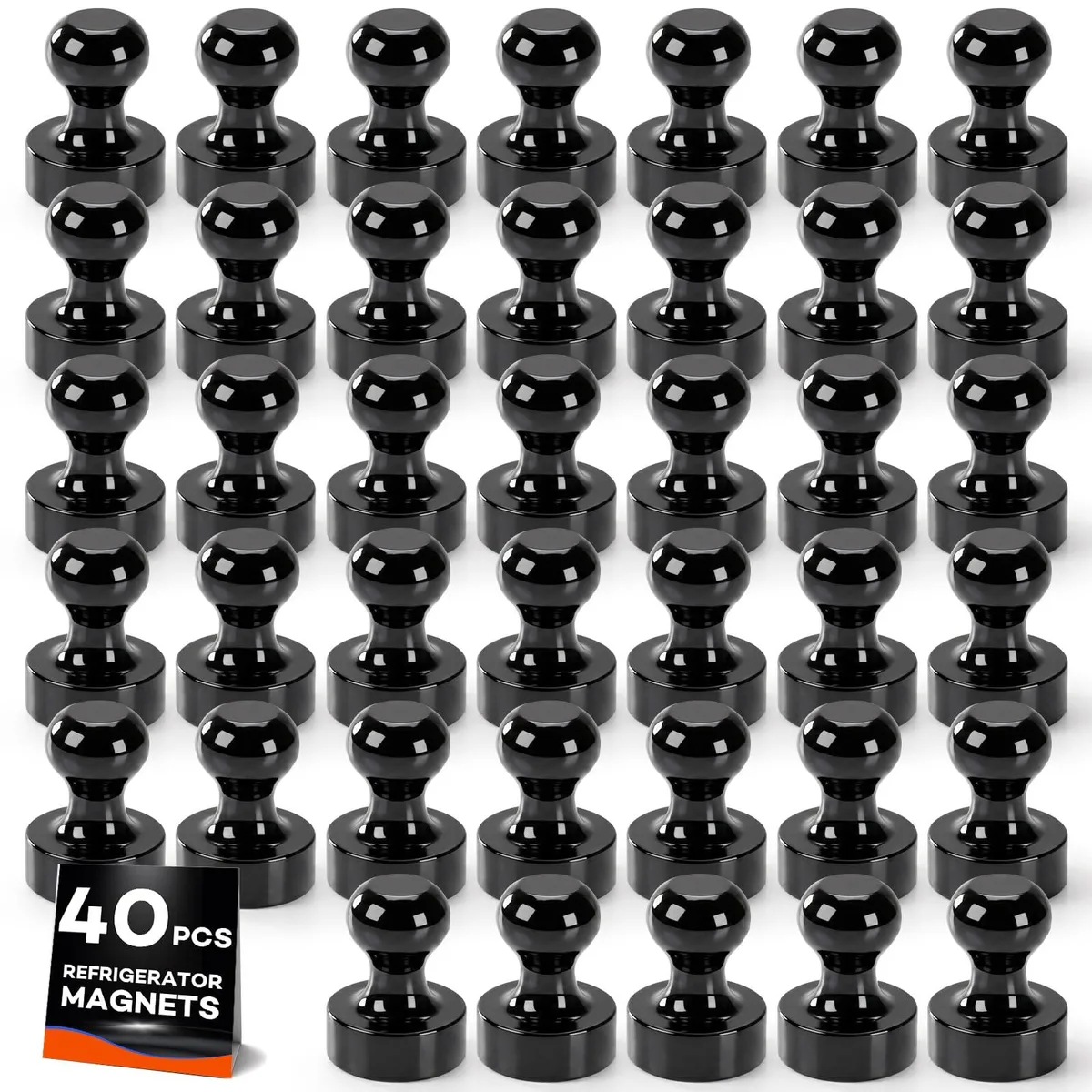 Forty small black rectangular magnets with smooth finish
