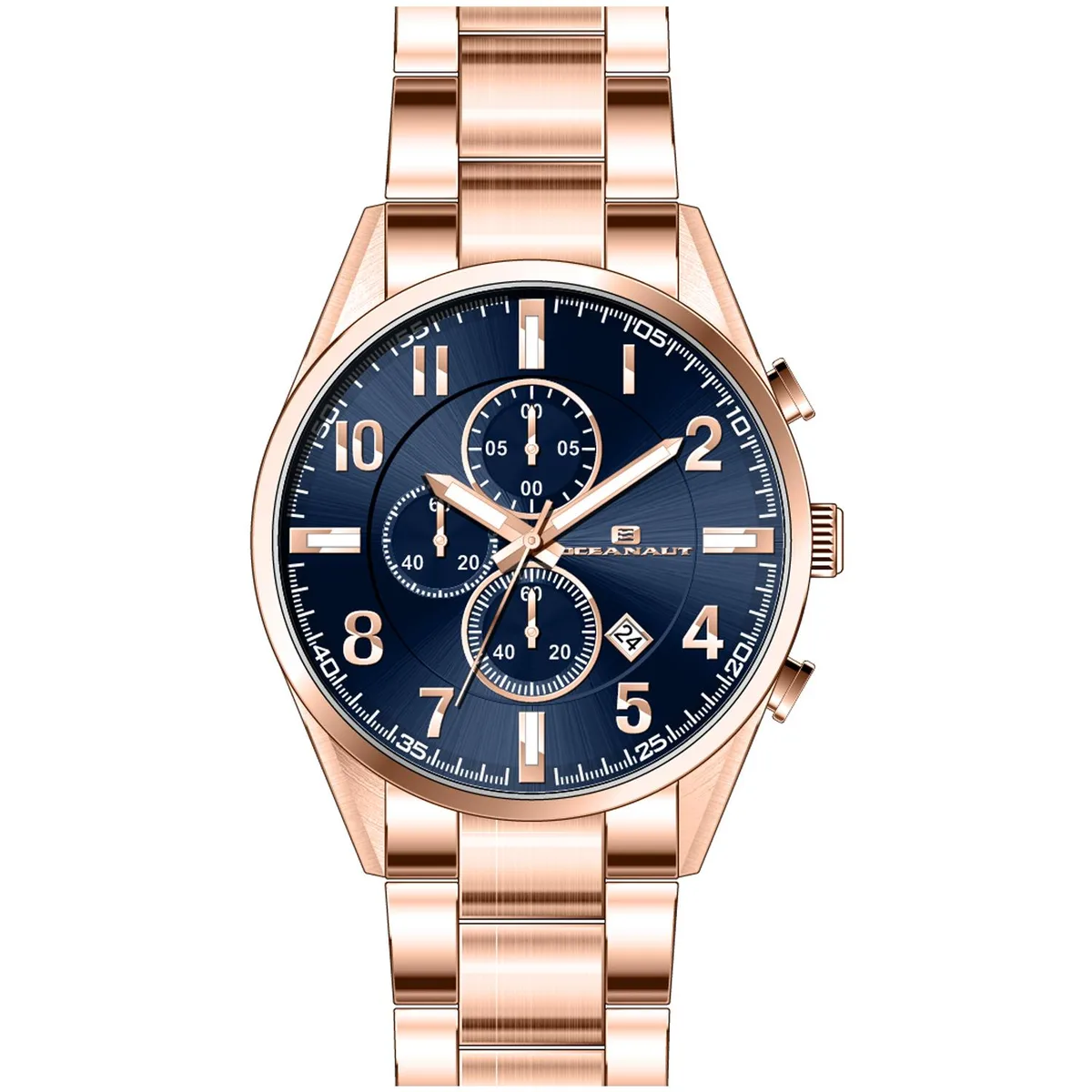 Blue dial stainless steel watch on matching bracelet, chronograph sub-dials visible