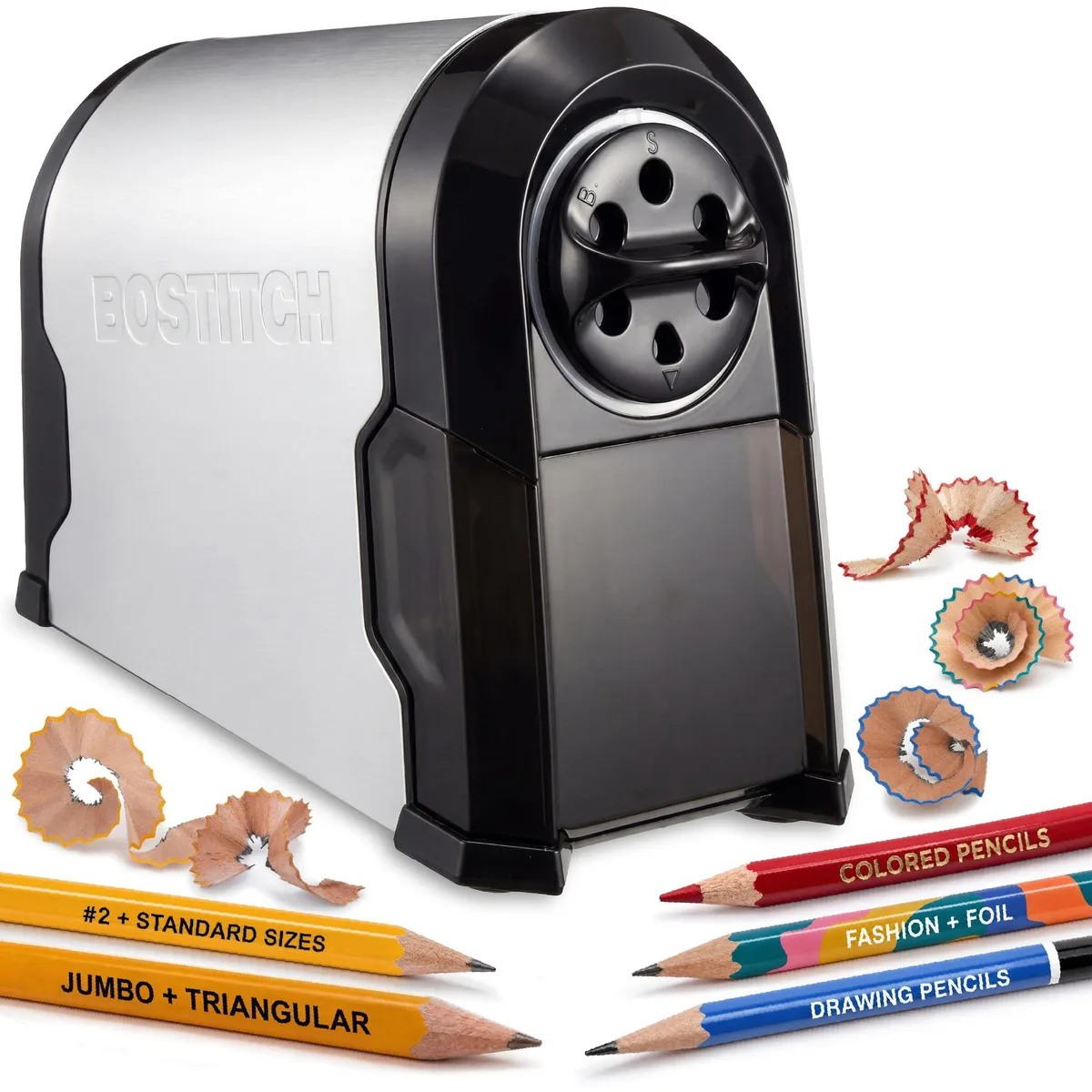 Silver and black electric pencil sharpener with aluminum finish and large shavings receptacle