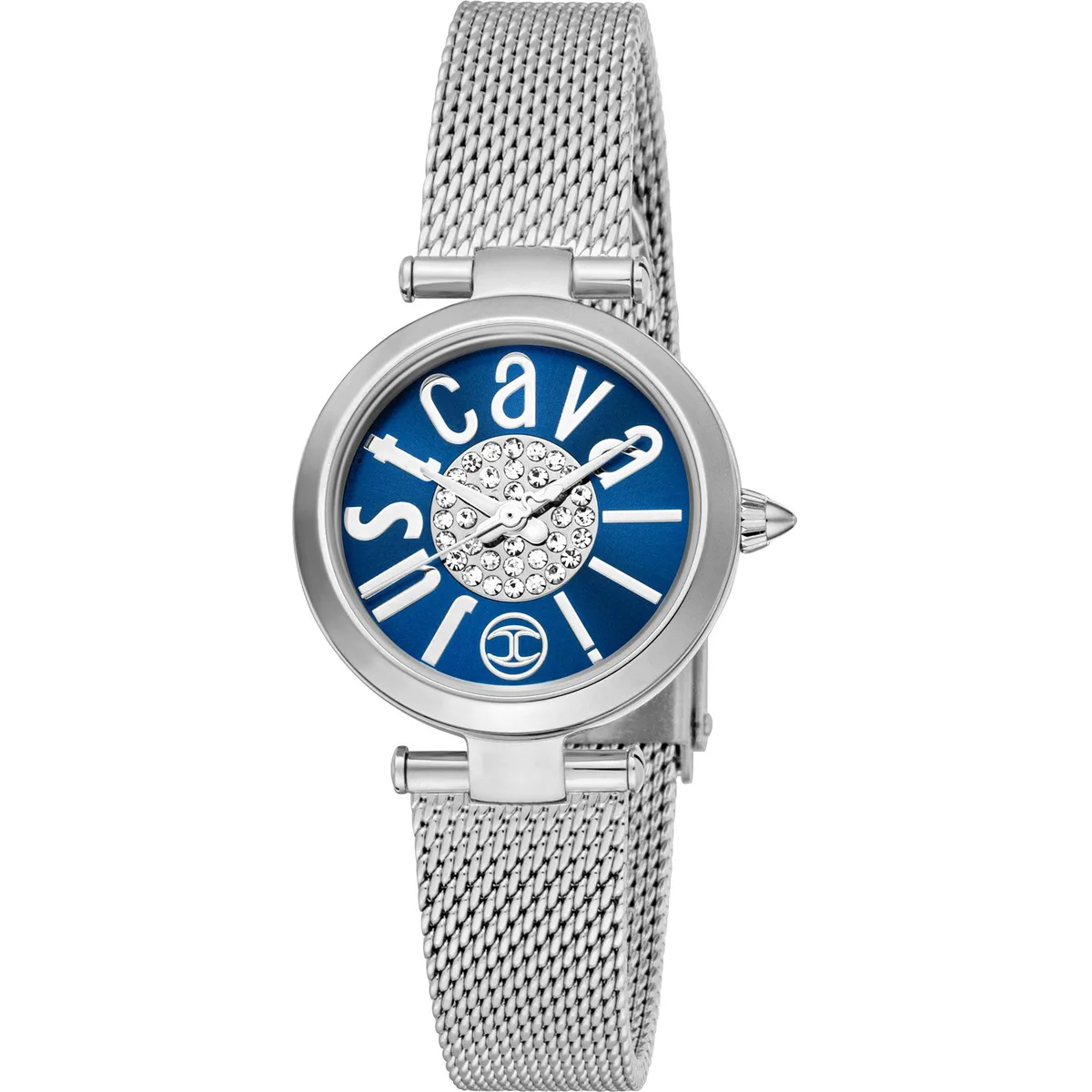 Silver stainless steel watch with blue dial and metal bracelet