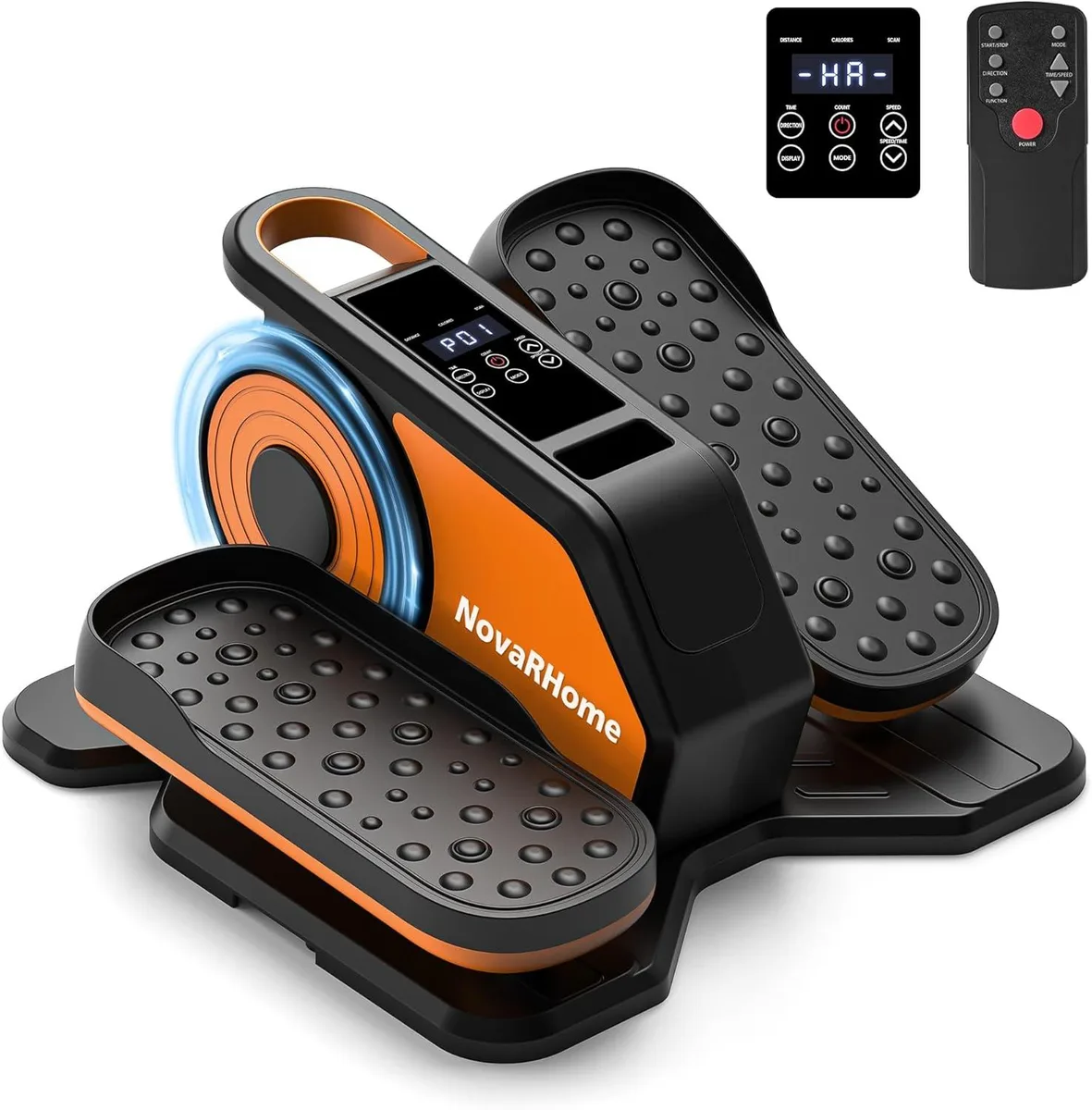 Compact seated pedal exerciser with LCD screen and handheld remote, matte grey finish