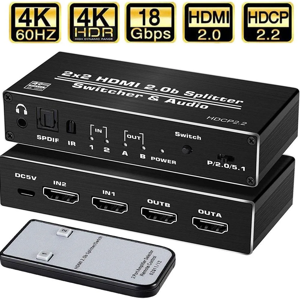 Black rectangular HDMI switch with IR remote and power adapter