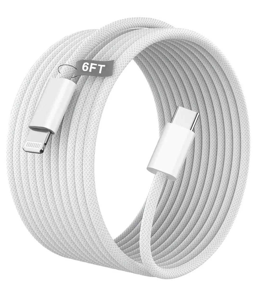 White nylon-braided USB-C to Lightning cable, six feet long, male-to-male connectors