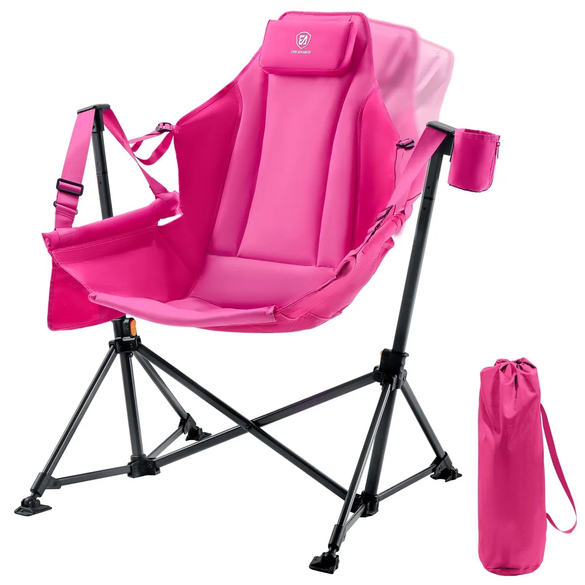 Pink padded hammock camping chair with metal frame, fabric seat and foam cushioning