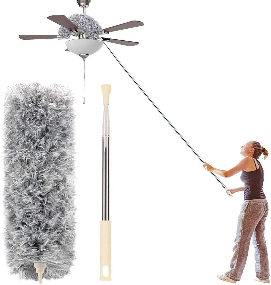 Gray microfiber duster on extendable stainless pole, bendable head, 30 to 100 inches