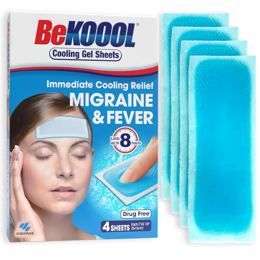 Four rectangular gel cooling patches in a multi-colour pack