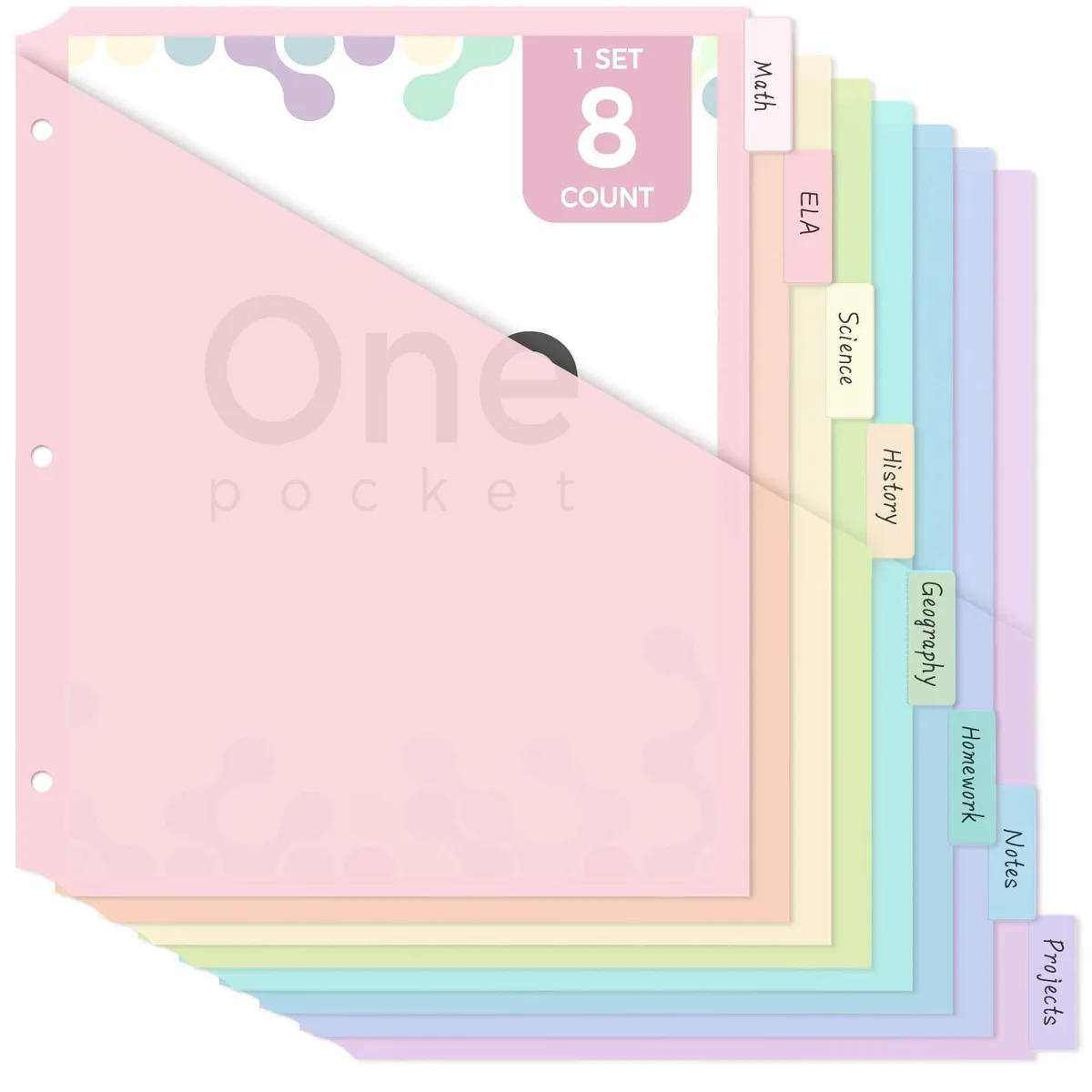 Eight pastel plastic binder dividers with clear pockets and matching label stickers