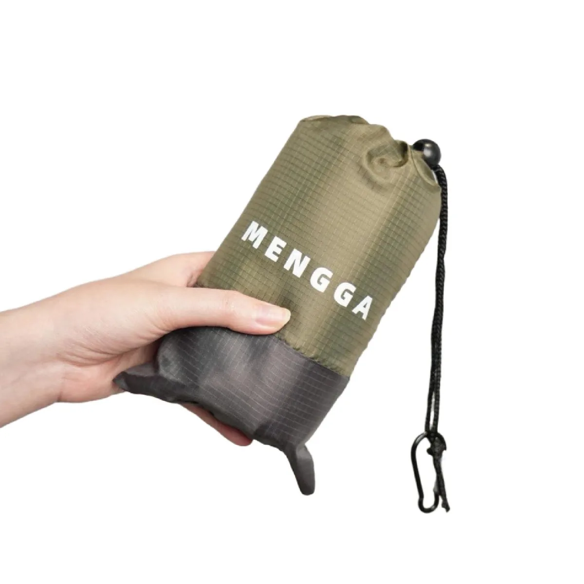 Green rectangular outdoor rug with carry bag and carabiner