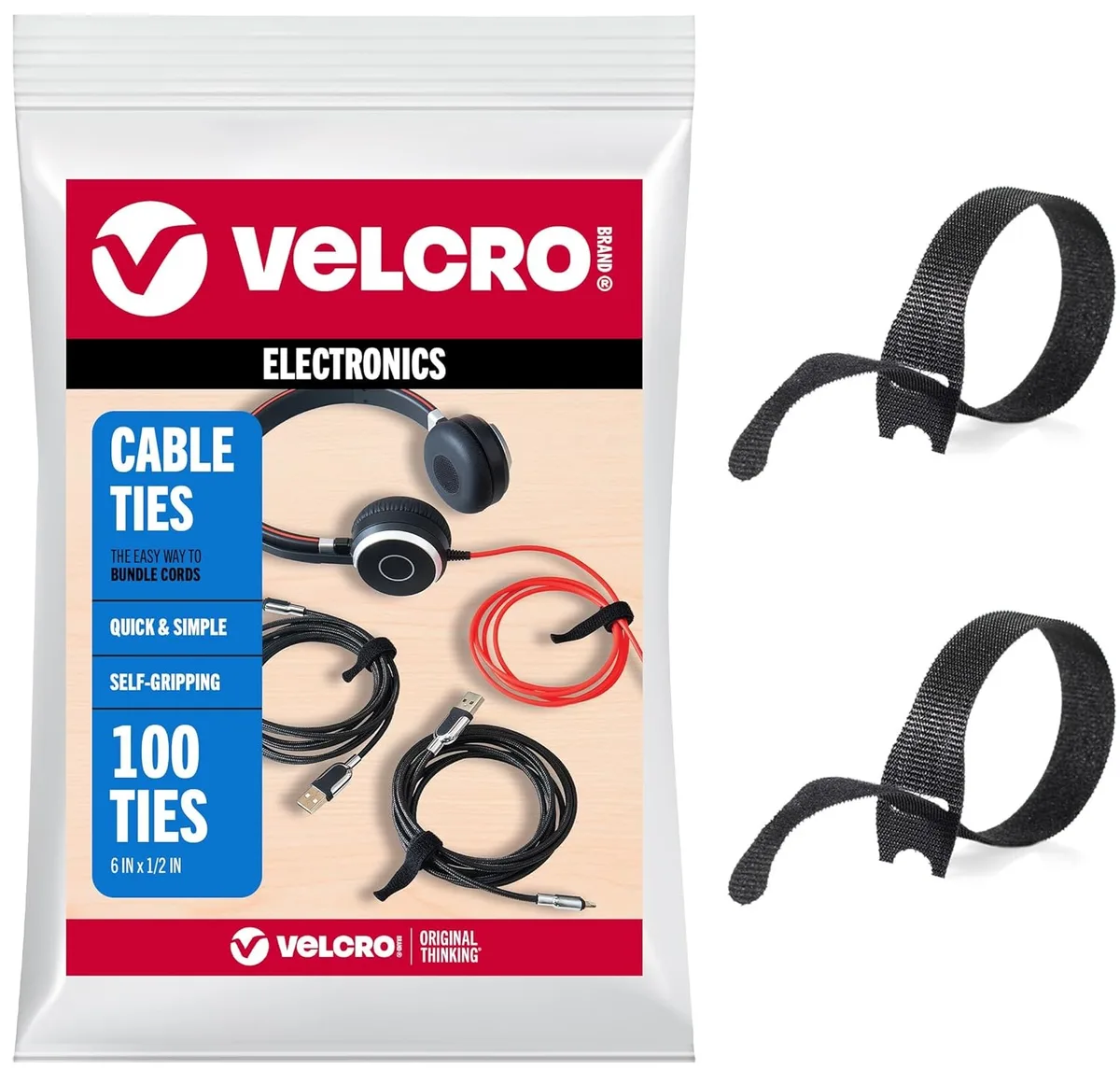 Black Velcro cable ties in a pack of 100, hook-and-loop straps for cord management