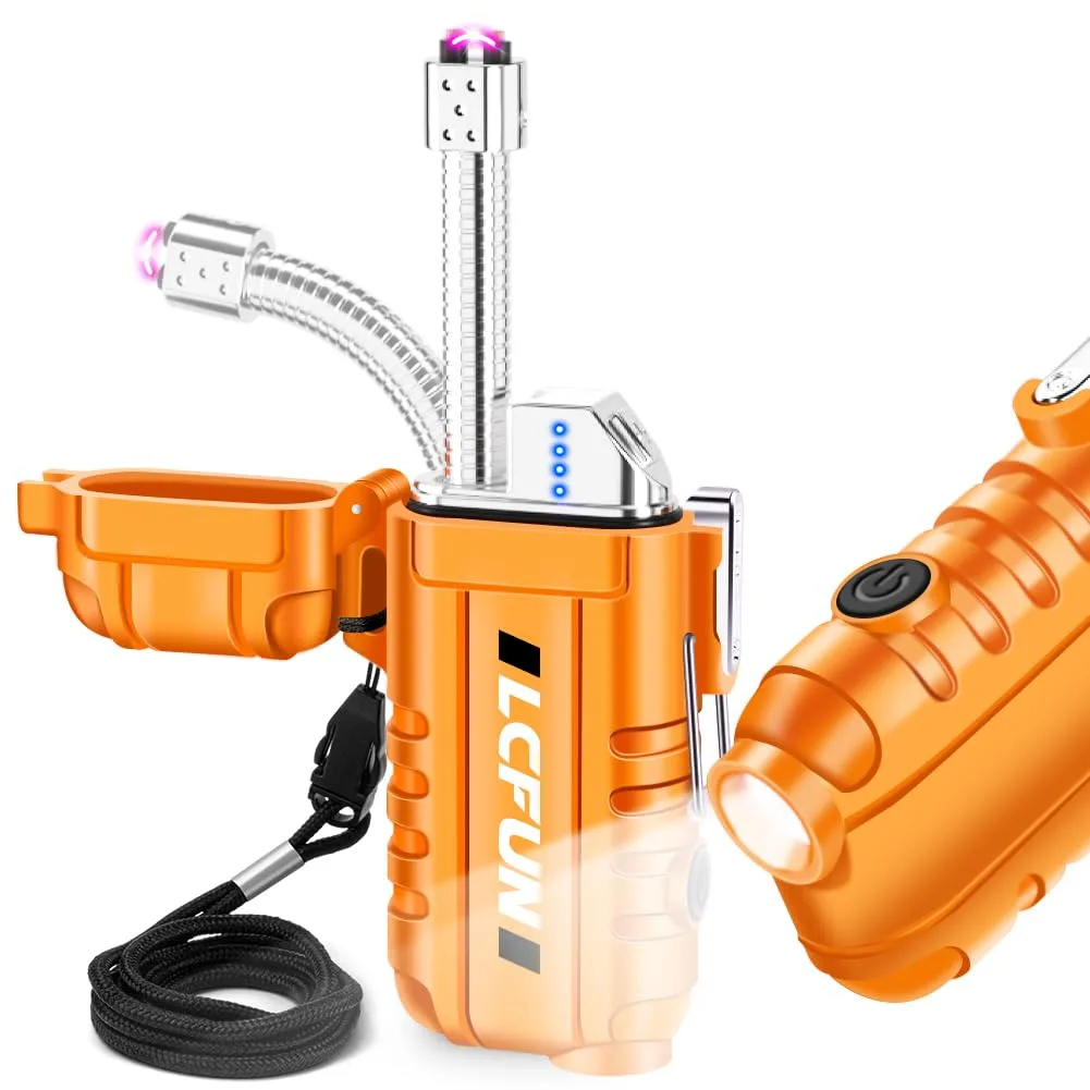 LcFun Arc Lighter Gold 3.3x1.81x.63 IP56 USB-C 50 uses 1.5h charge 360 neck 3-mode flashlight — product photo