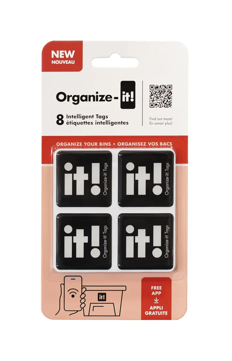 Eight square white NFC labels on a backing sheet