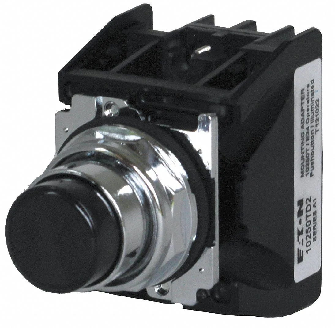 Black extended push button with metal bezel and screw terminals