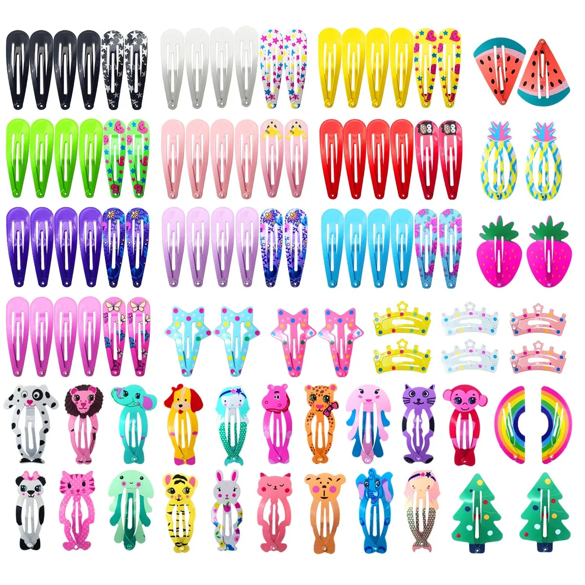 Box of 100 metal snap hair clips in assorted shapes and colours