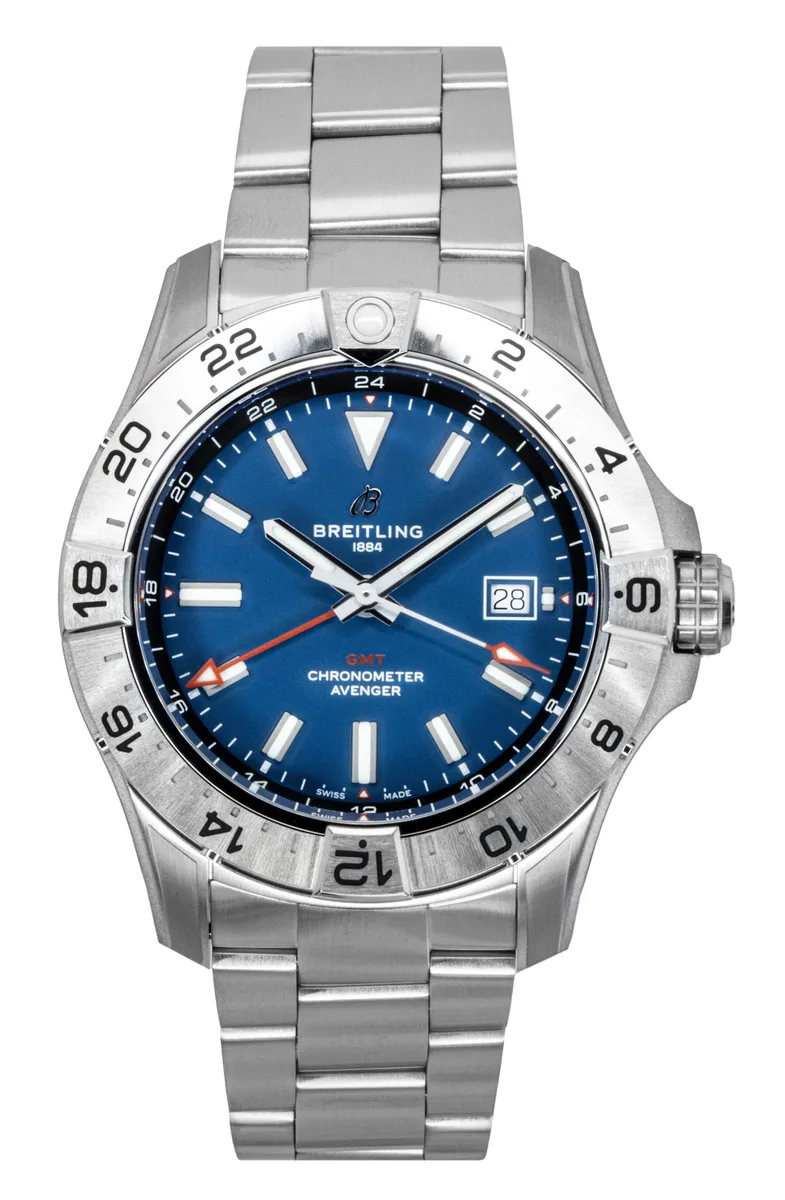 Stainless steel dive watch with blue dial and matching bracelet