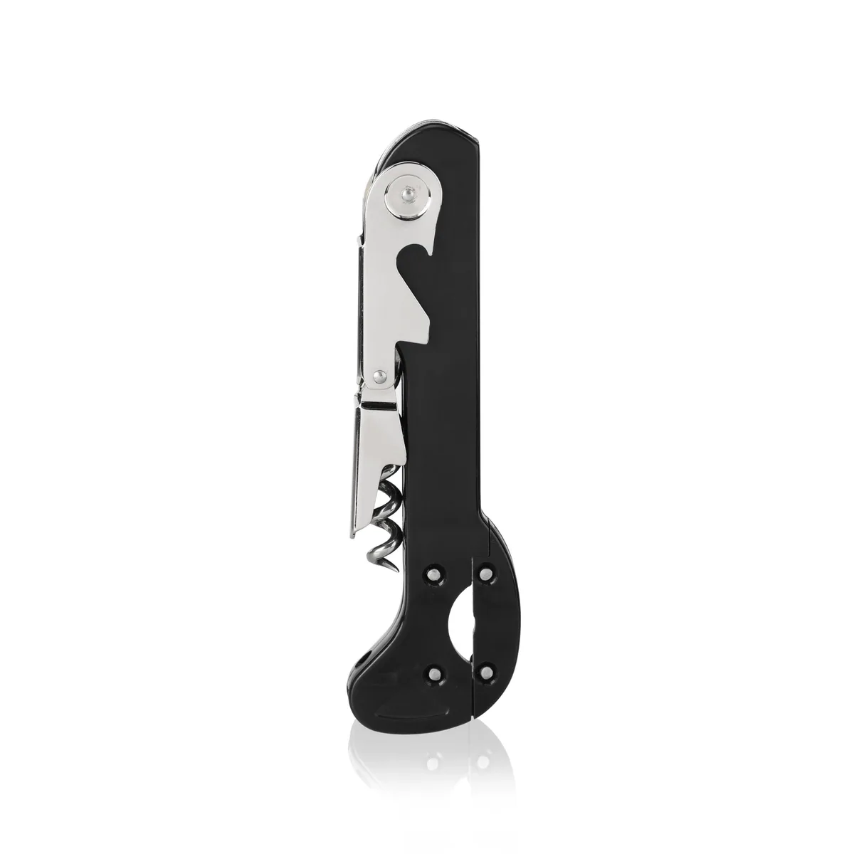 Black stainless steel waiter's corkscrew with foil cutter and bottle opener