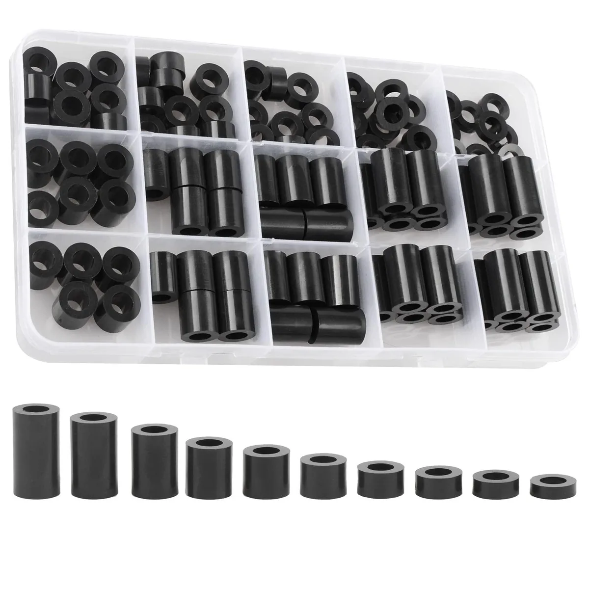 Black ABS round washers in compartmented transparent case