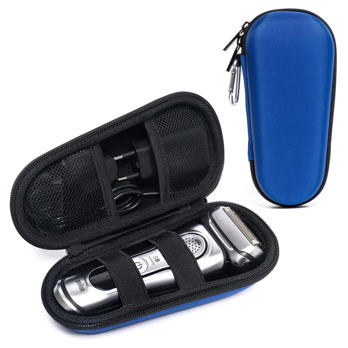 Blue hard-shell EVA travel case with zipper and carabiner