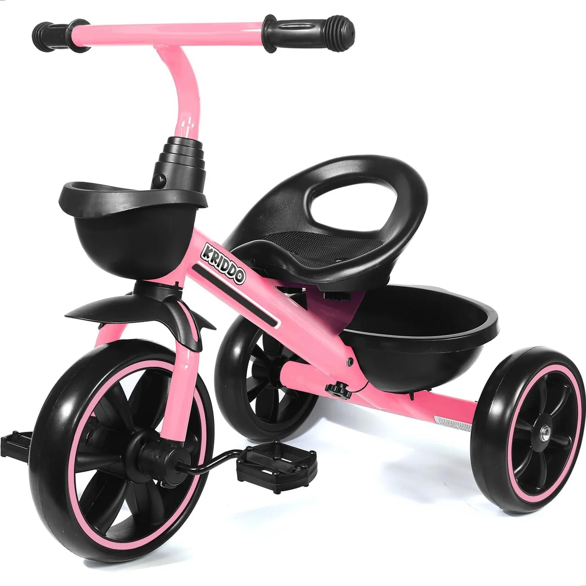 Pink plastic toddler tricycle with wide rear wheels
