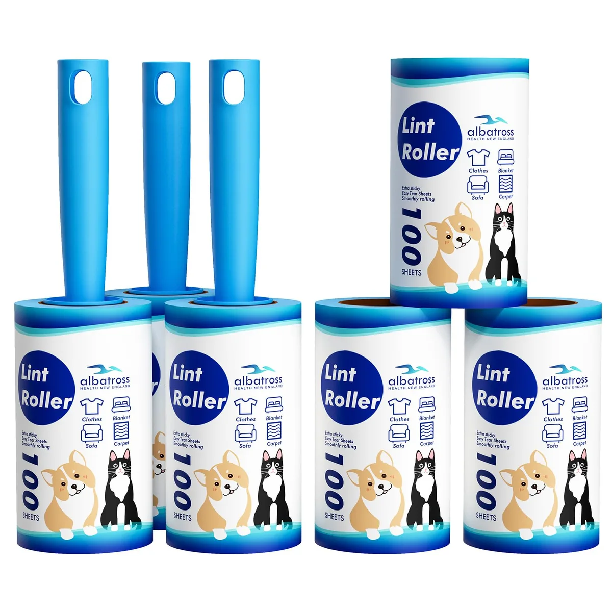 White lint roller set with two ergonomic handles and six refill rolls totaling 660 sheets